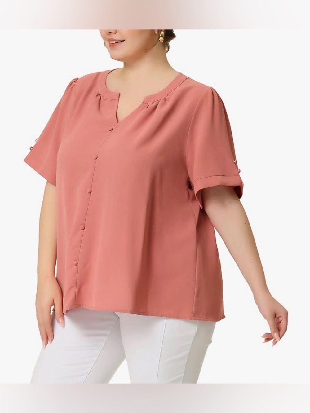 Plus Size Dressy Ruched V Neck Button Short Sleeve Blouse Shirt Tops, Size 1X